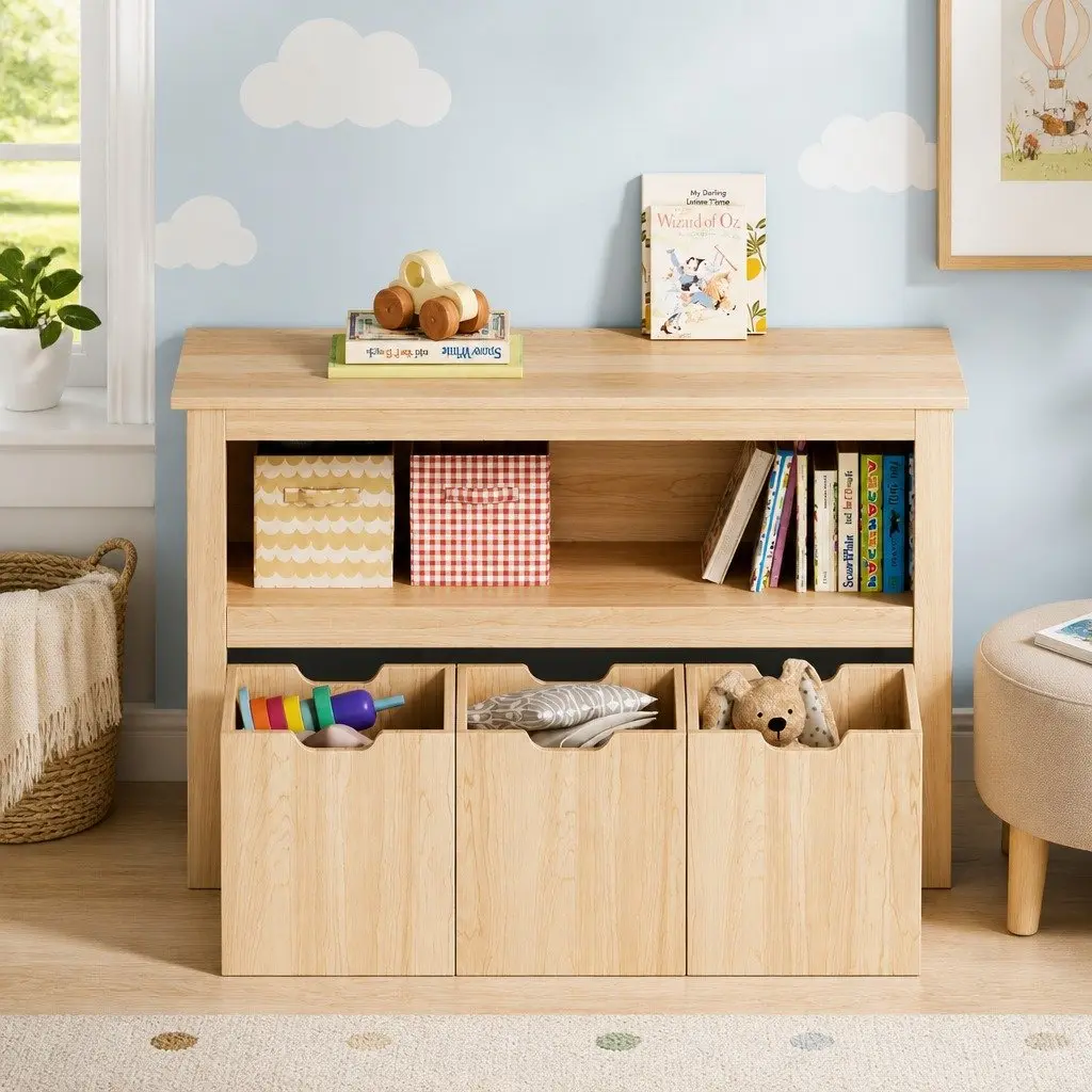 Kids Bookshelf Wooden Bookcase 3 Drawers Storage Walnut 95.5cm H 33cm W 61cm D