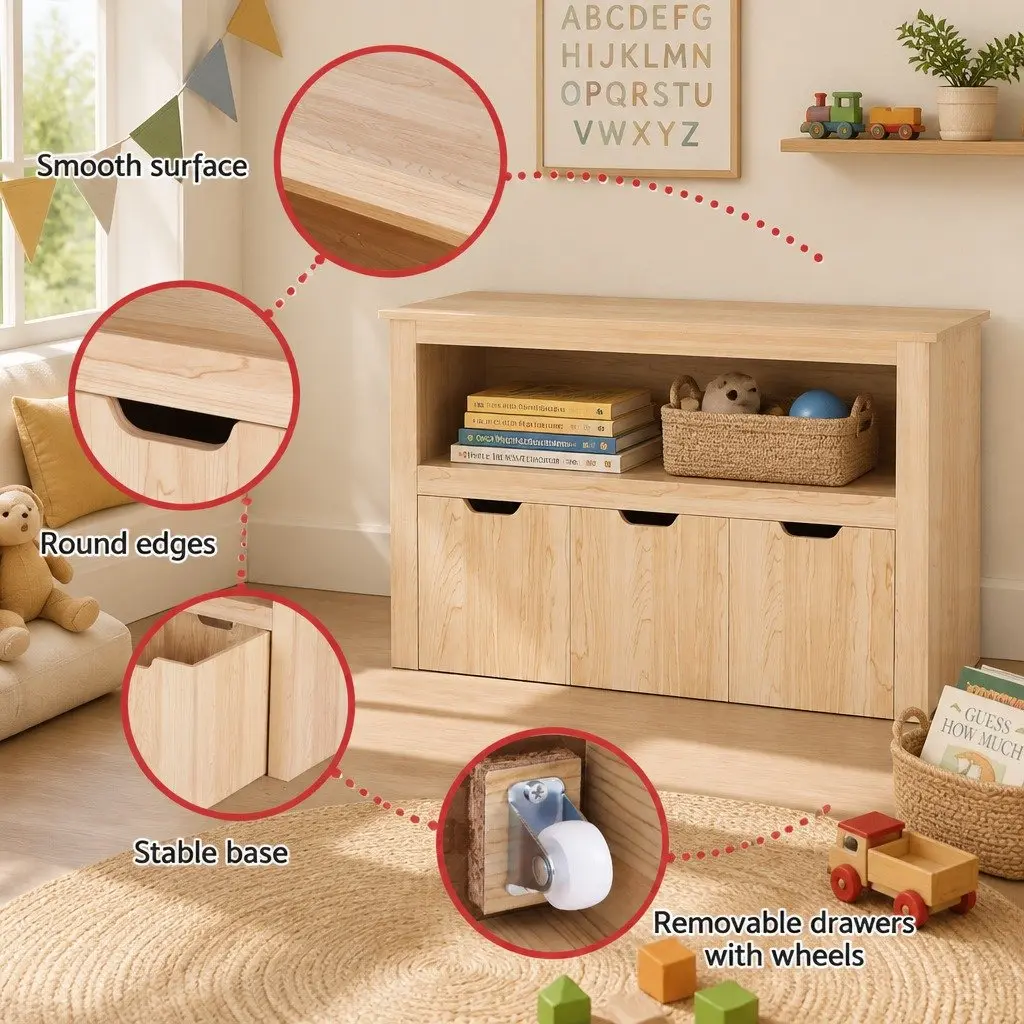 Kids Bookshelf Wooden Bookcase 3 Drawers Storage Walnut 95.5cm H 33cm W 61cm D