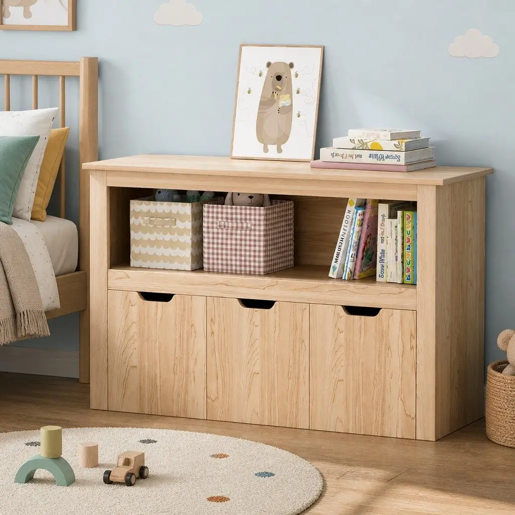 Kids Bookshelf Wooden Bookcase 3 Drawers Storage Walnut 95.5cm H 33cm W 61cm D