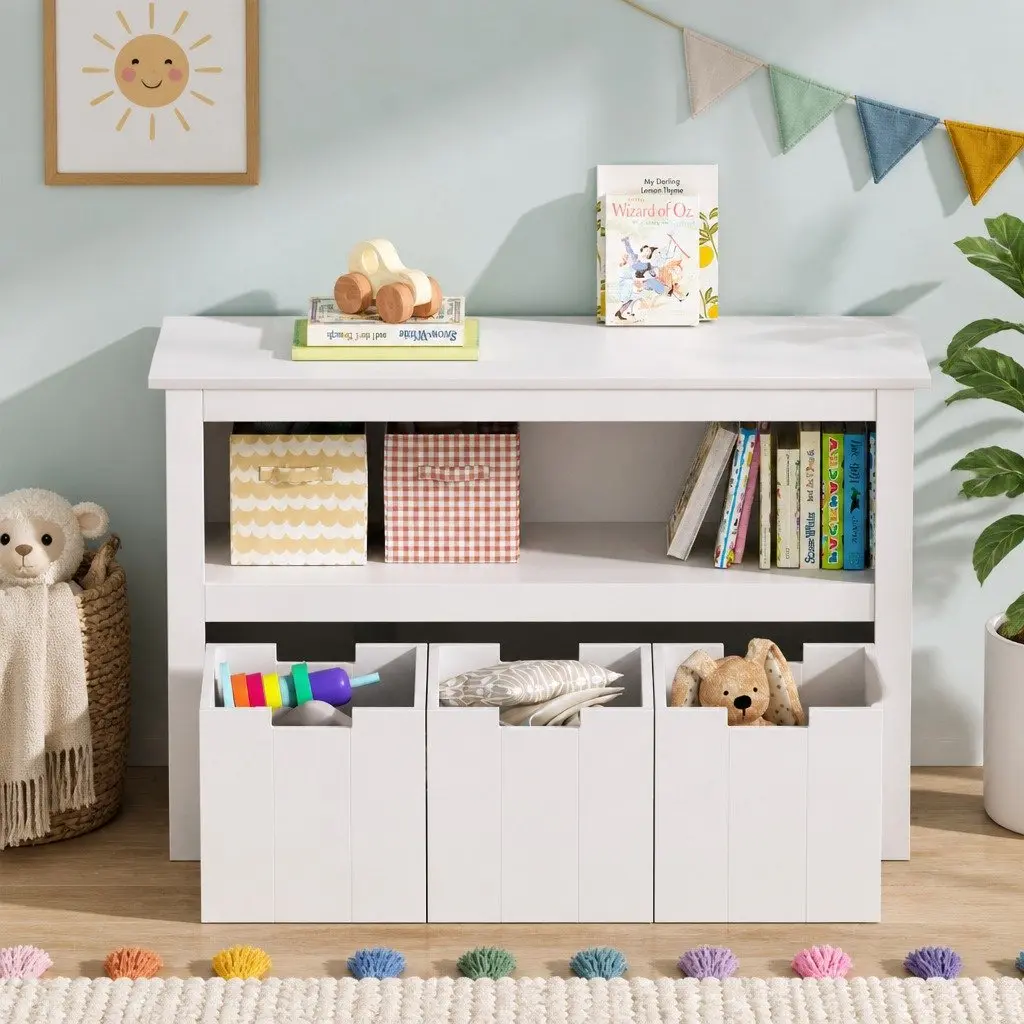 Kids Bookshelf Particleboard MDF 95.5cm Yellow with 3 Drawers Storage Organiser Display Bookcase Children