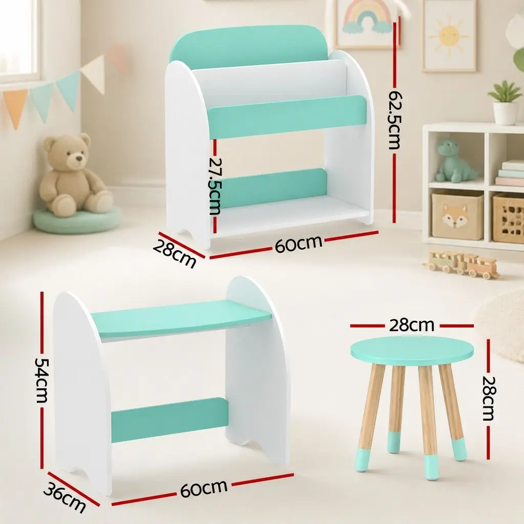 Kids Bookshelf 2-in-1 Table Chair Set MDF White Green Storage Organiser Reading Desk
