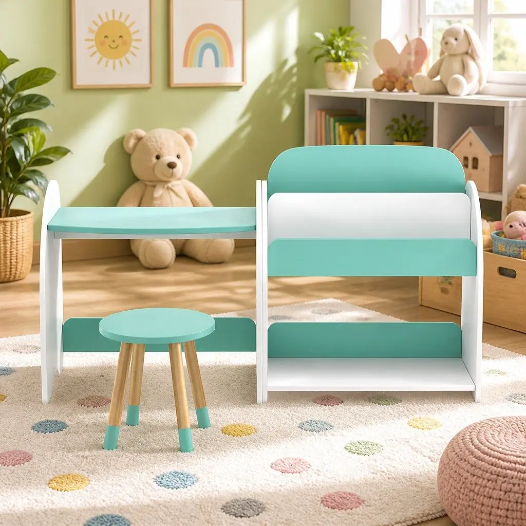 Kids Bookshelf 2-in-1 Table Chair Set MDF White Green Storage Organiser Reading Desk