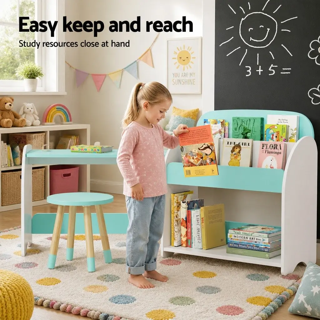 Kids Bookshelf 2-in-1 Table Chair Set MDF White Green Storage Organiser Reading Desk