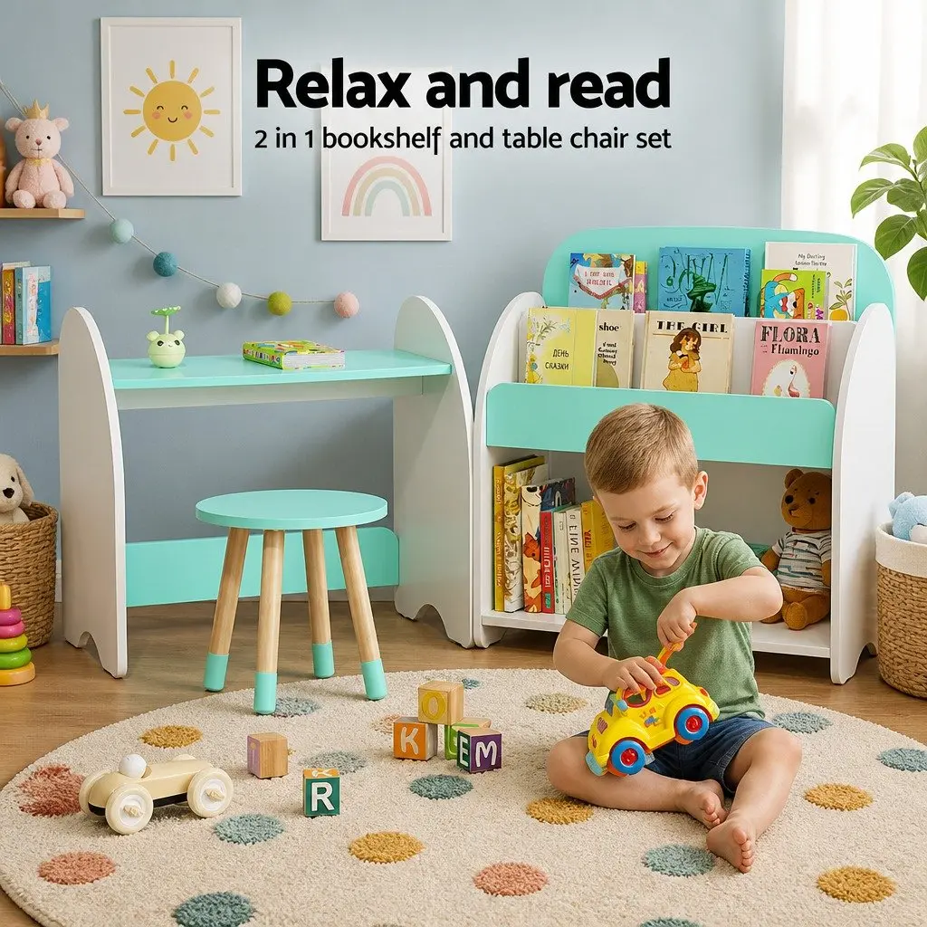 Kids Bookshelf 2-in-1 Table Chair Set MDF White Green Storage Organiser Reading Desk