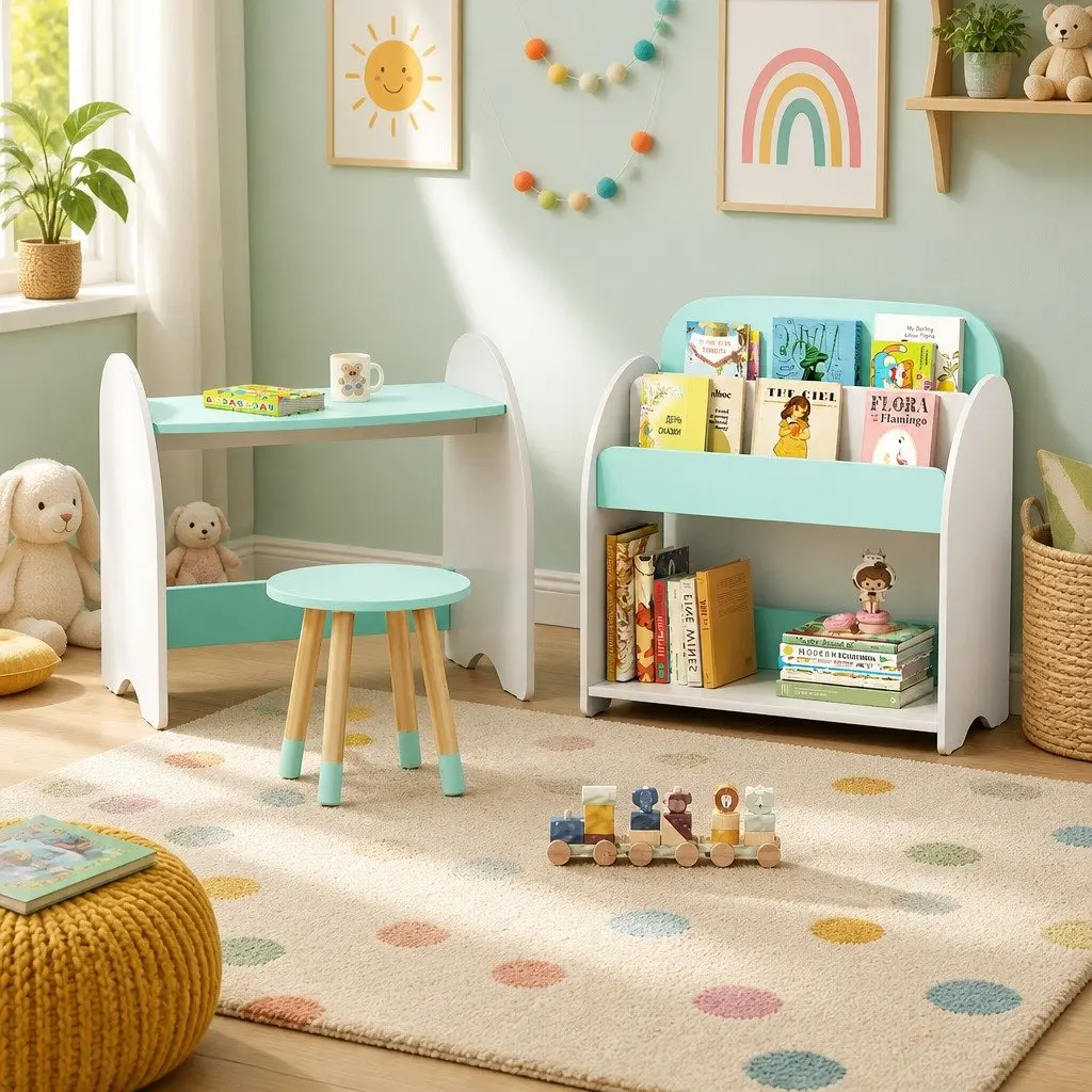 Kids Bookshelf 2-in-1 Table Chair Set MDF White Green Storage Organiser Reading Desk
