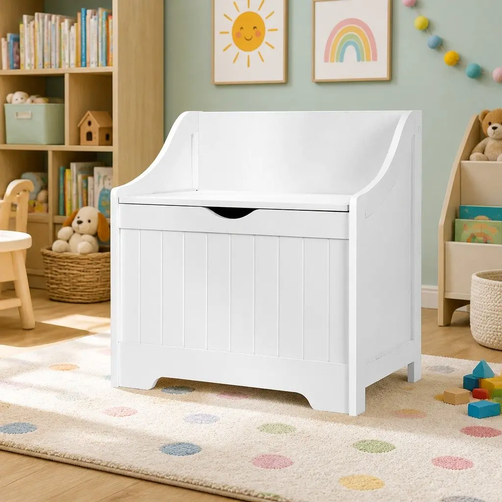 Kids Storage Box Bench Toy Organiser MDF White 56cm x 38cm x 58cm