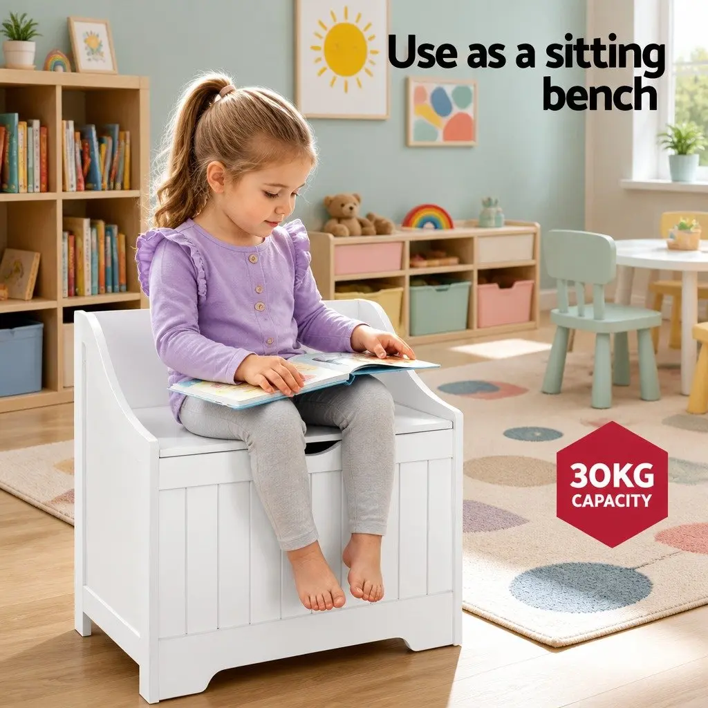 Kids Storage Box Bench Toy Organiser MDF White 56cm x 38cm x 58cm