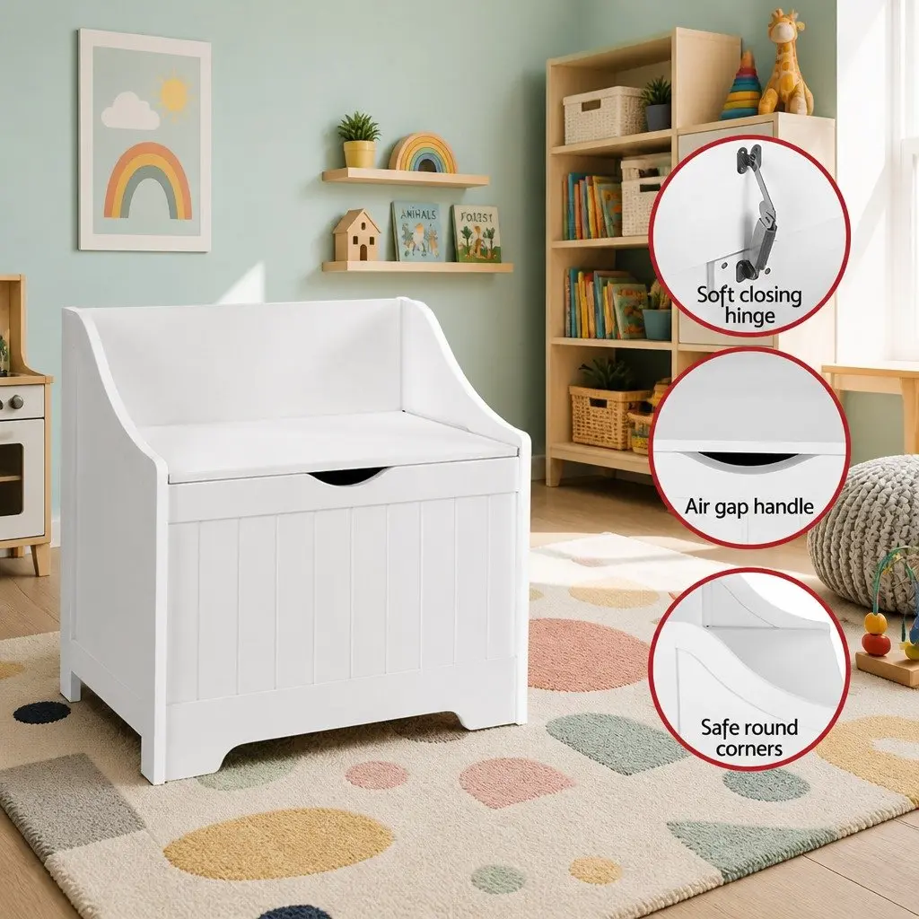 Kids Storage Box Bench Toy Organiser MDF White 56cm x 38cm x 58cm