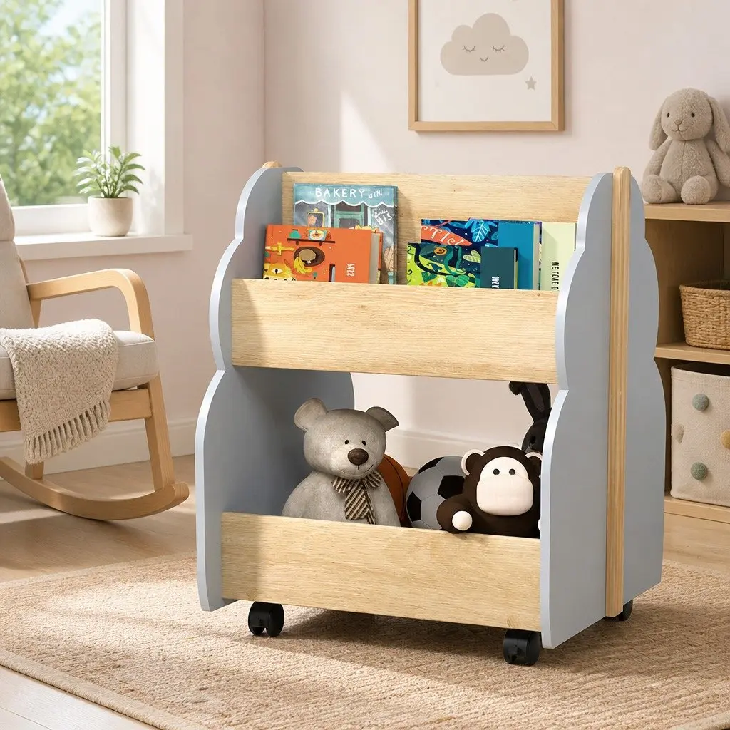 Kids Bookshelf MDF Wood Double-sided Storage Organiser Display Shelf with Wheels Grey