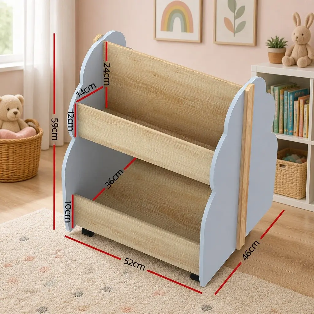 Kids Bookshelf MDF Wood Double-sided Storage Organiser Display Shelf with Wheels Grey
