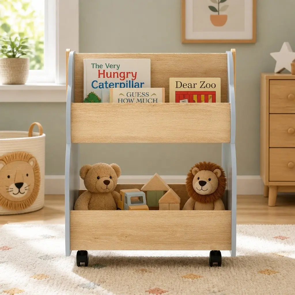 Kids Bookshelf MDF Wood Double-sided Storage Organiser Display Shelf with Wheels Grey