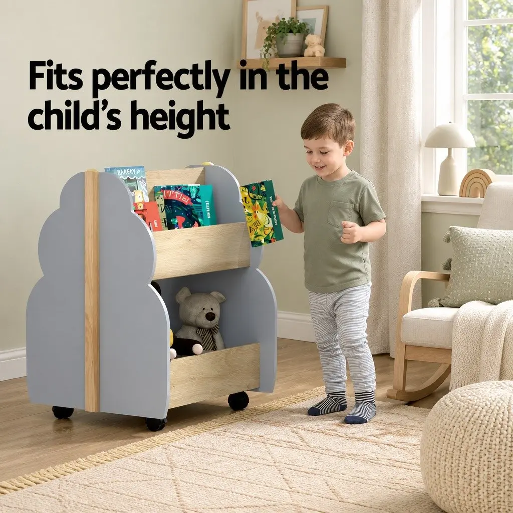 Kids Bookshelf MDF Wood Double-sided Storage Organiser Display Shelf with Wheels Grey