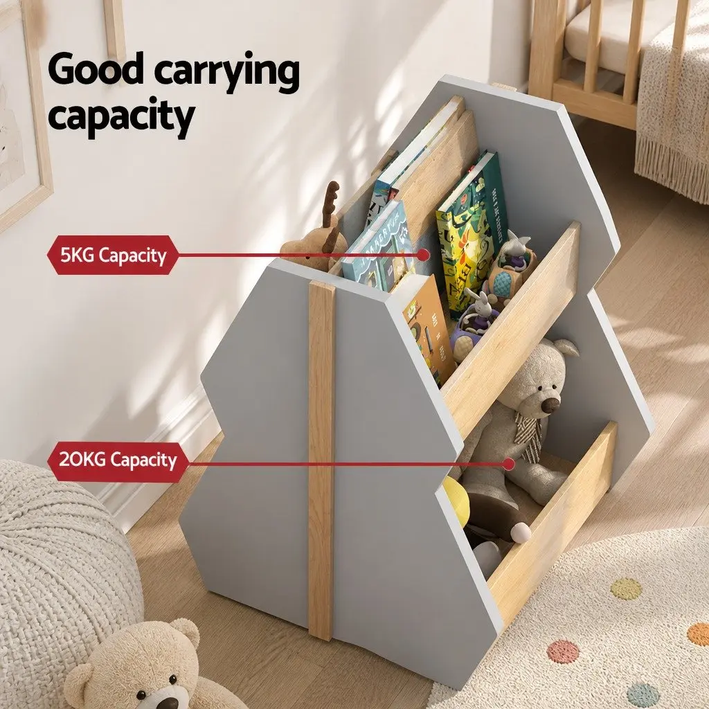 Kids Bookshelf MDF Wood Double-sided Storage Organiser Display Shelf with Wheels Grey
