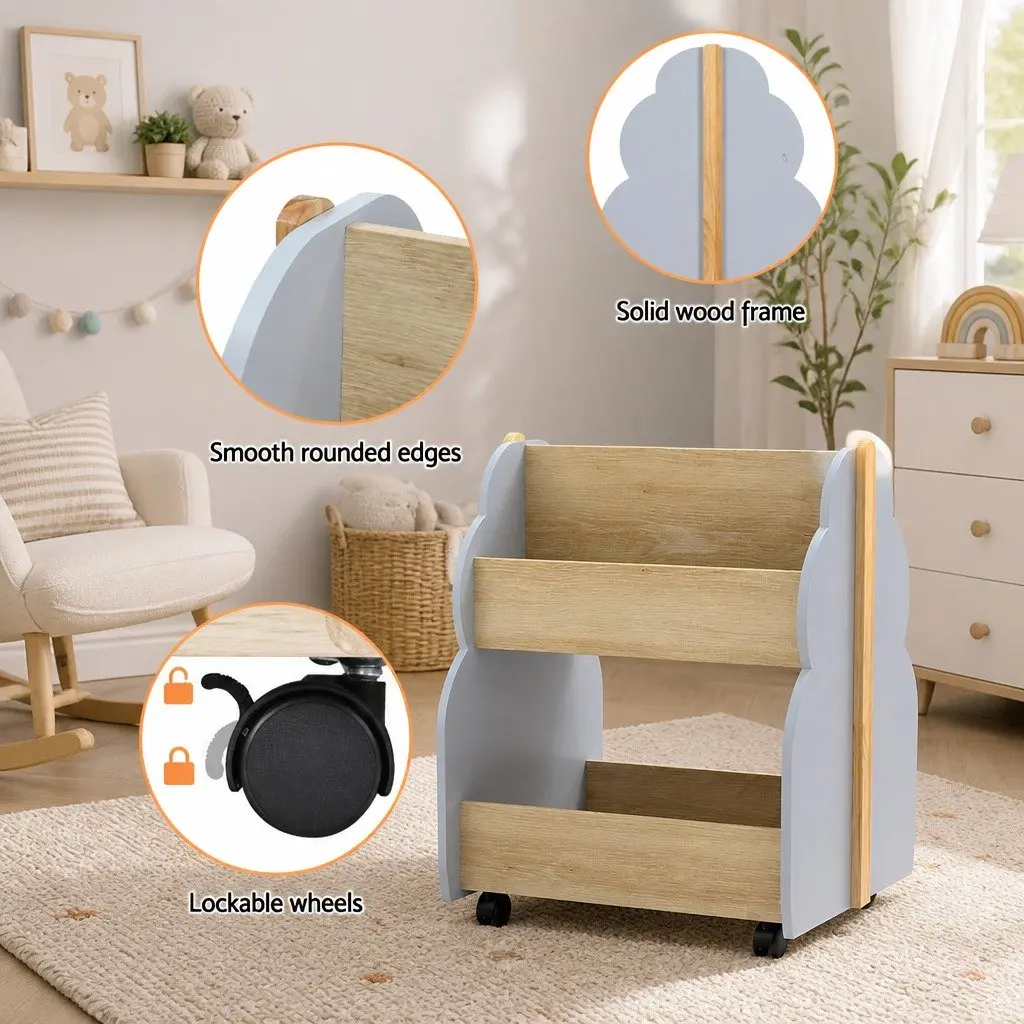 Kids Bookshelf MDF Wood Double-sided Storage Organiser Display Shelf with Wheels Grey