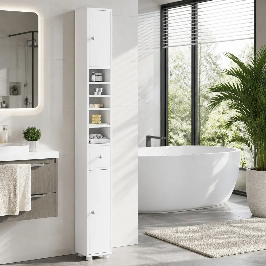 Slim Bathroom Storage Cabinet White 180cm Tall MDF Floor Cupboard with Two Cabinets Five Compartments One Drawer
