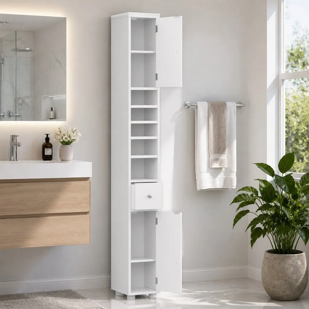 Slim Bathroom Storage Cabinet White 180cm Tall MDF Floor Cupboard with Two Cabinets Five Compartments One Drawer