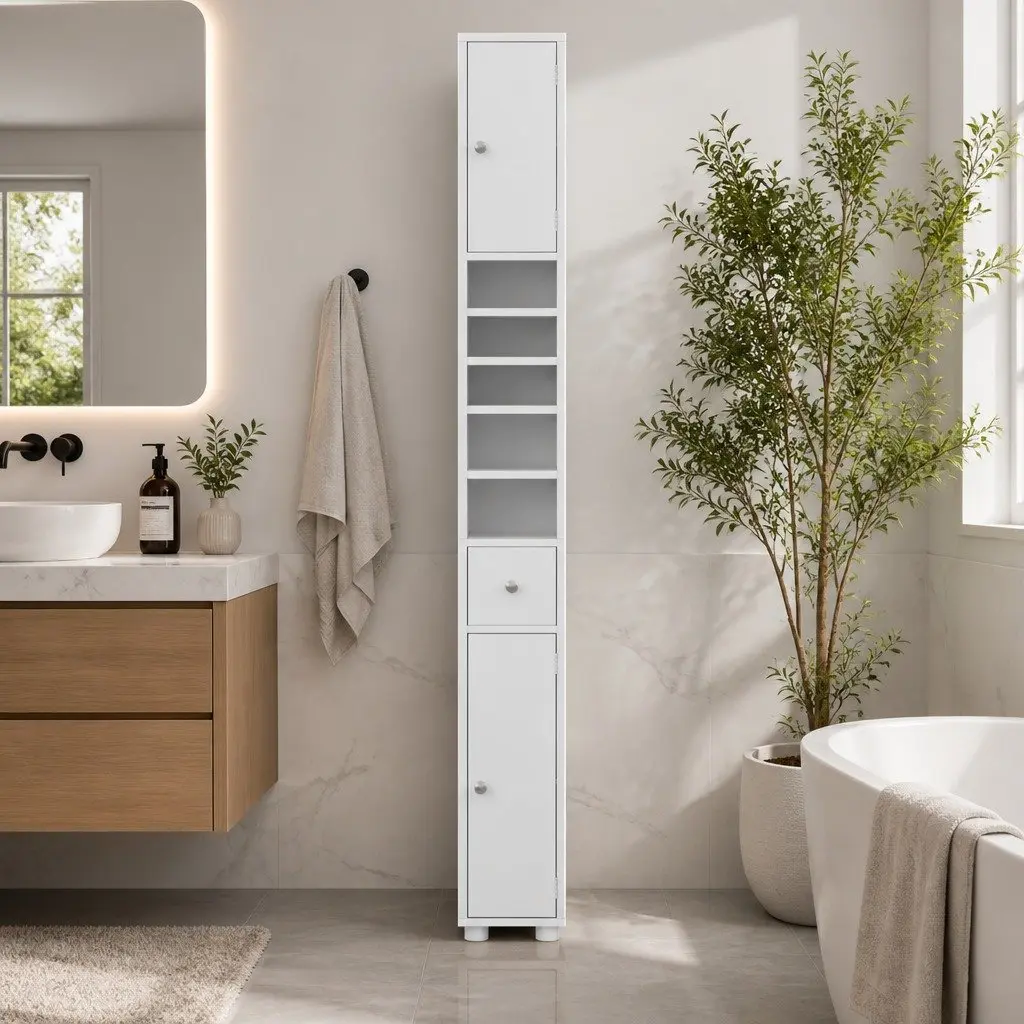 Slim Bathroom Storage Cabinet White 180cm Tall MDF Floor Cupboard with Two Cabinets Five Compartments One Drawer