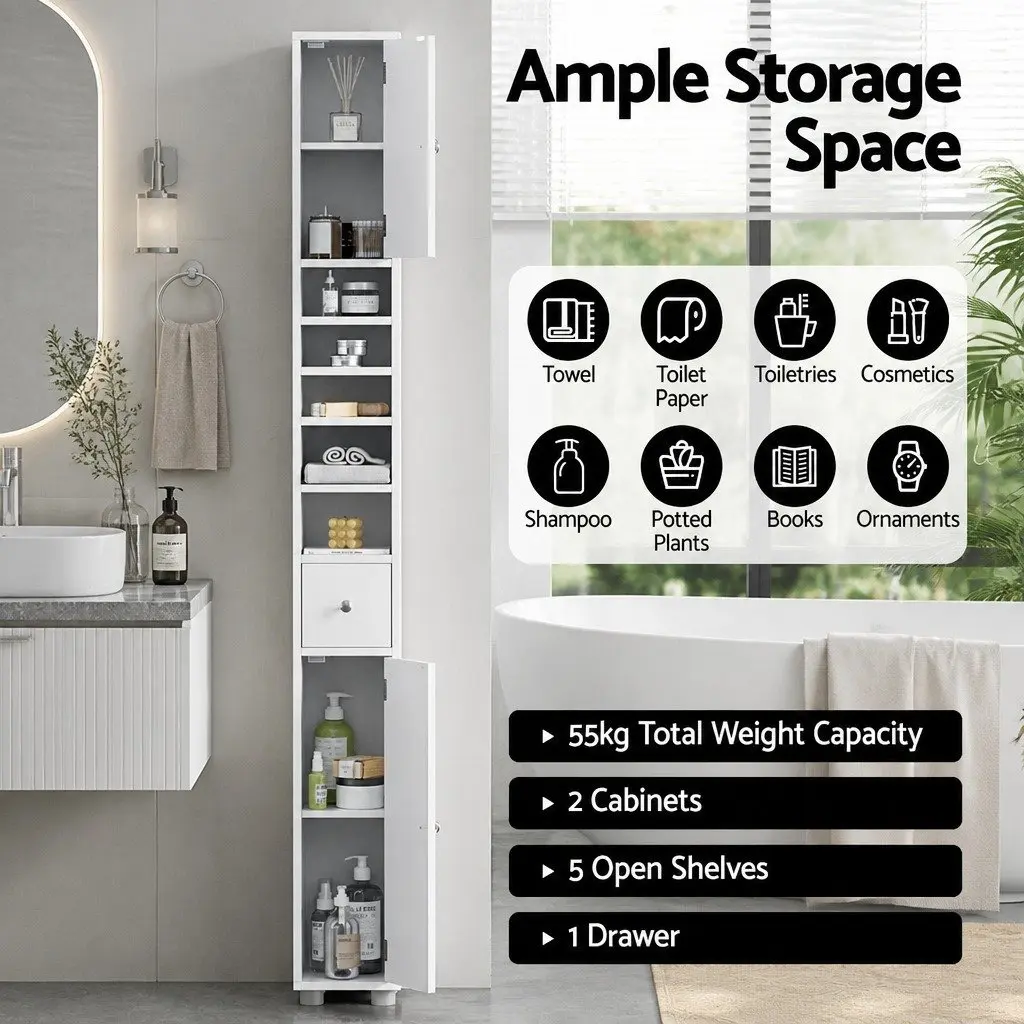 Slim Bathroom Storage Cabinet White 180cm Tall MDF Floor Cupboard with Two Cabinets Five Compartments One Drawer
