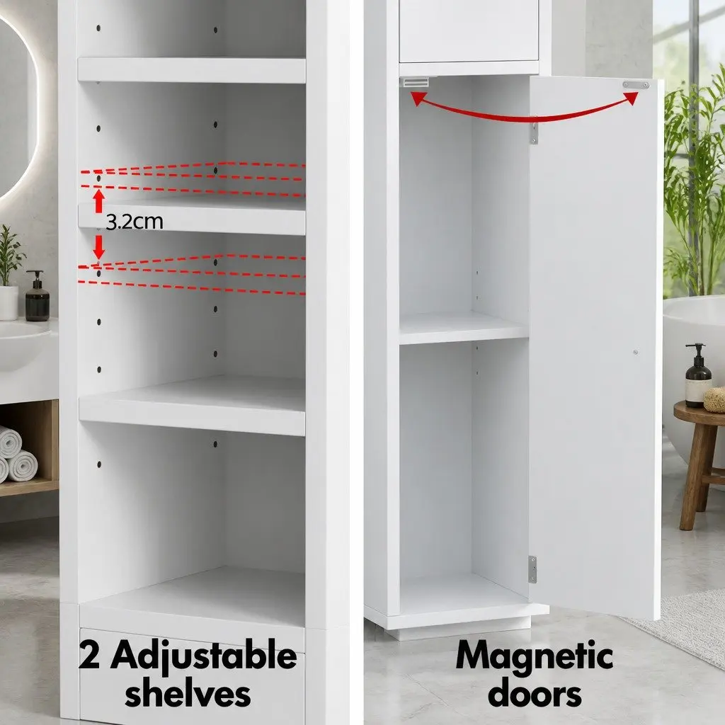 Slim Bathroom Storage Cabinet White 180cm Tall MDF Floor Cupboard with Two Cabinets Five Compartments One Drawer