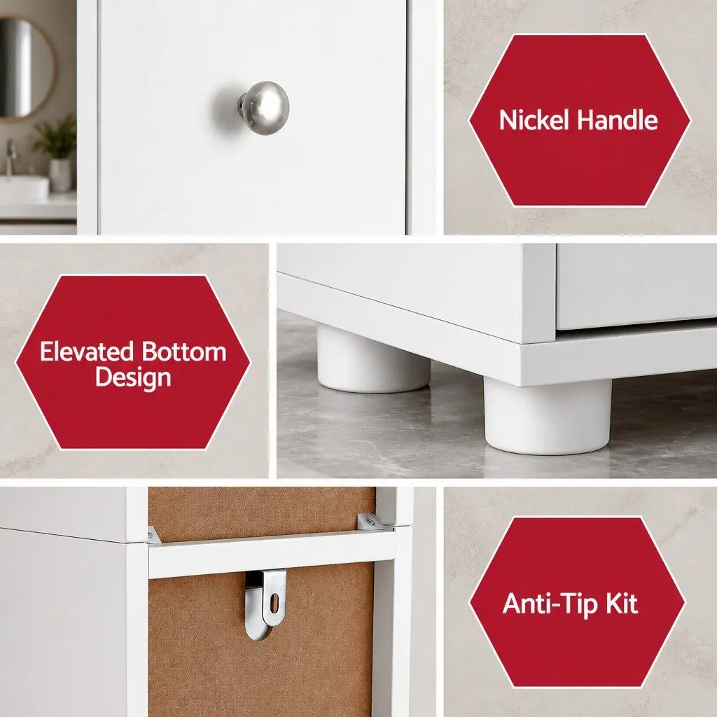 Slim Bathroom Storage Cabinet White 180cm Tall MDF Floor Cupboard with Two Cabinets Five Compartments One Drawer