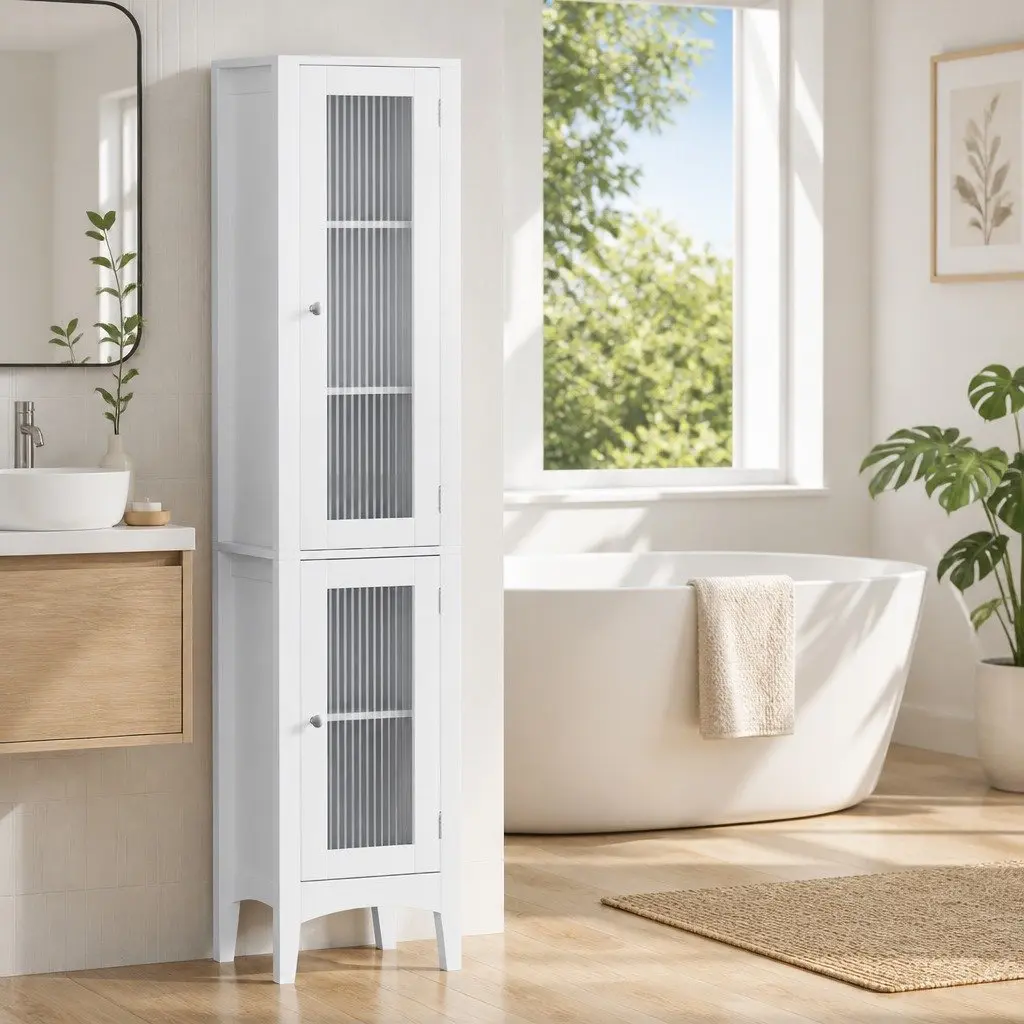 Bathroom Storage Cabinet MDF 160cm Tall Slim White Floor Cupboard with Glass Doors