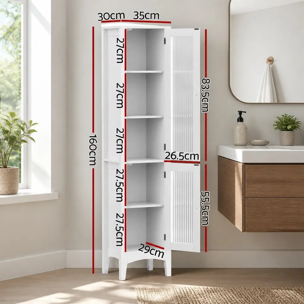Bathroom Storage Cabinet MDF 160cm Tall Slim White Floor Cupboard with Glass Doors