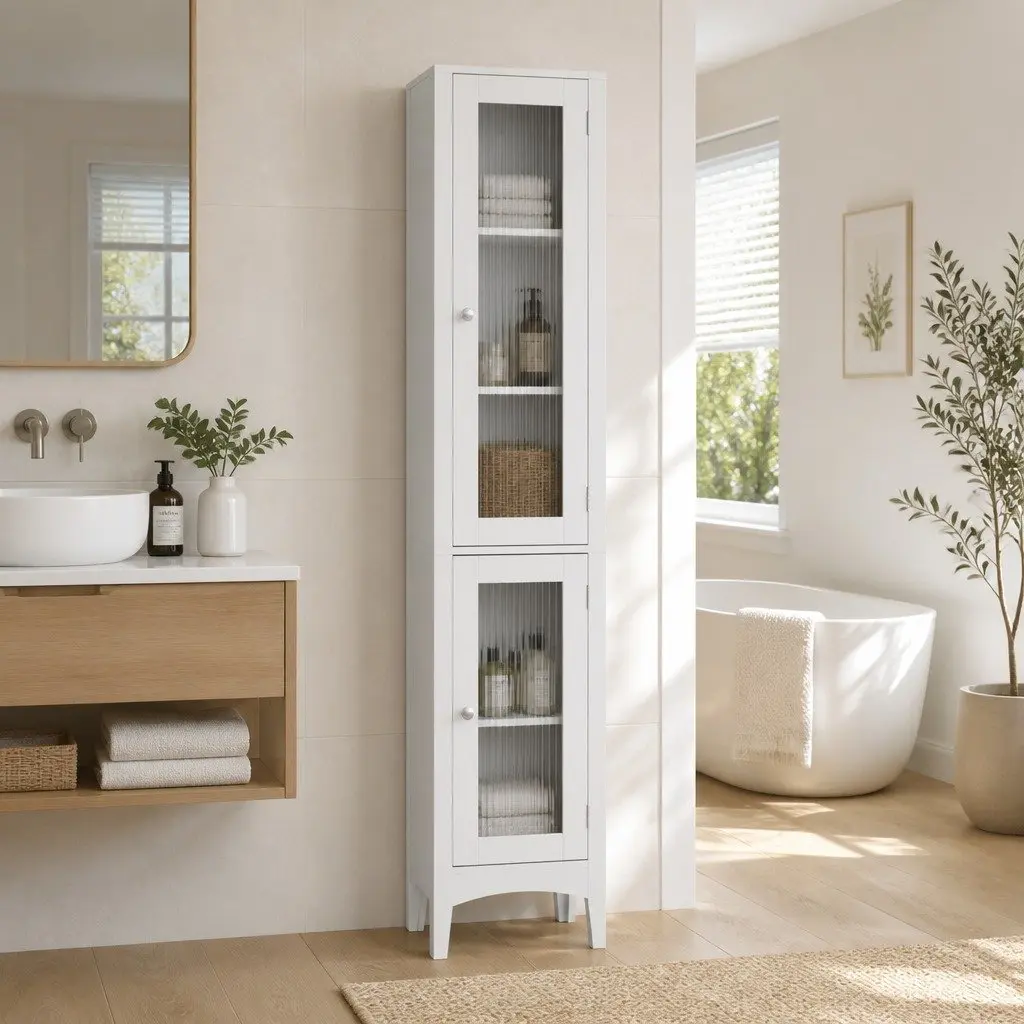 Bathroom Storage Cabinet MDF 160cm Tall Slim White Floor Cupboard with Glass Doors