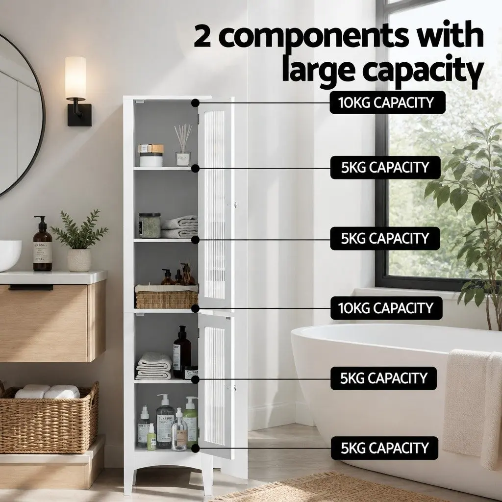 Bathroom Storage Cabinet MDF 160cm Tall Slim White Floor Cupboard with Glass Doors