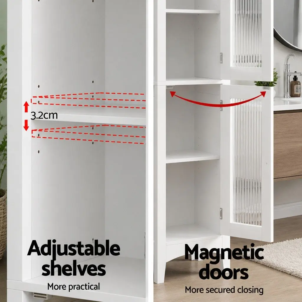Bathroom Storage Cabinet MDF 160cm Tall Slim White Floor Cupboard with Glass Doors