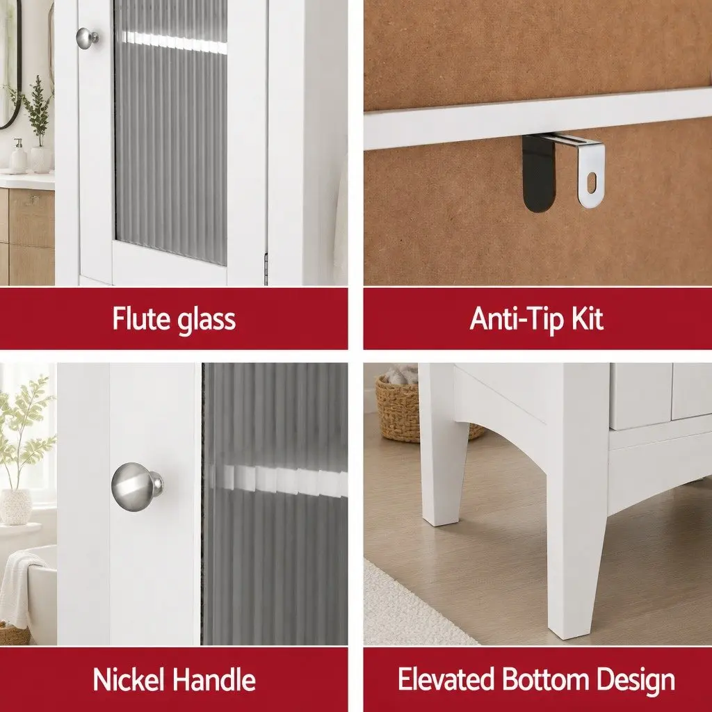 Bathroom Storage Cabinet MDF 160cm Tall Slim White Floor Cupboard with Glass Doors