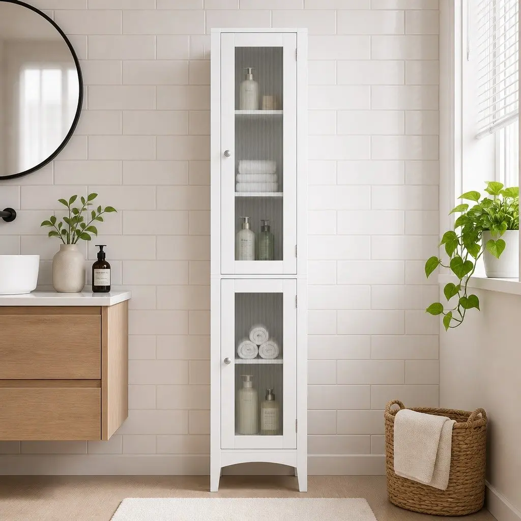 Bathroom Storage Cabinet MDF 160cm Tall Slim Floor Cupboard White
