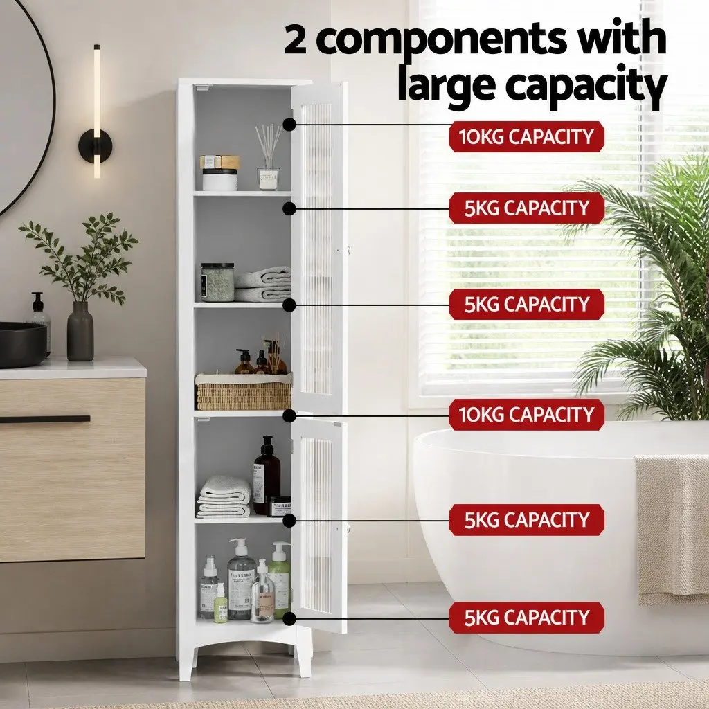 Bathroom Storage Cabinet MDF 160cm Tall Slim Floor Cupboard White