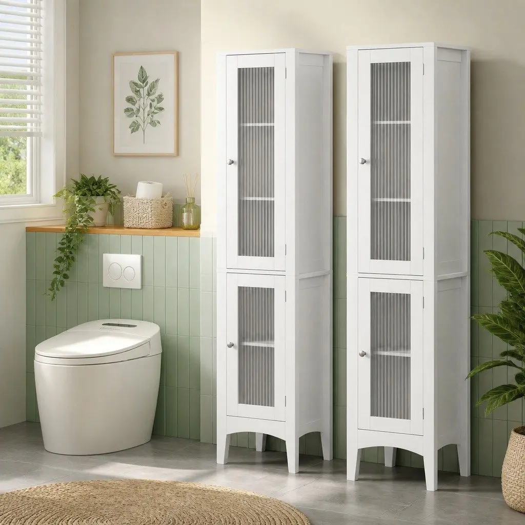 Bathroom Storage Cabinet MDF 160cm Tall Slim Floor Cupboard White
