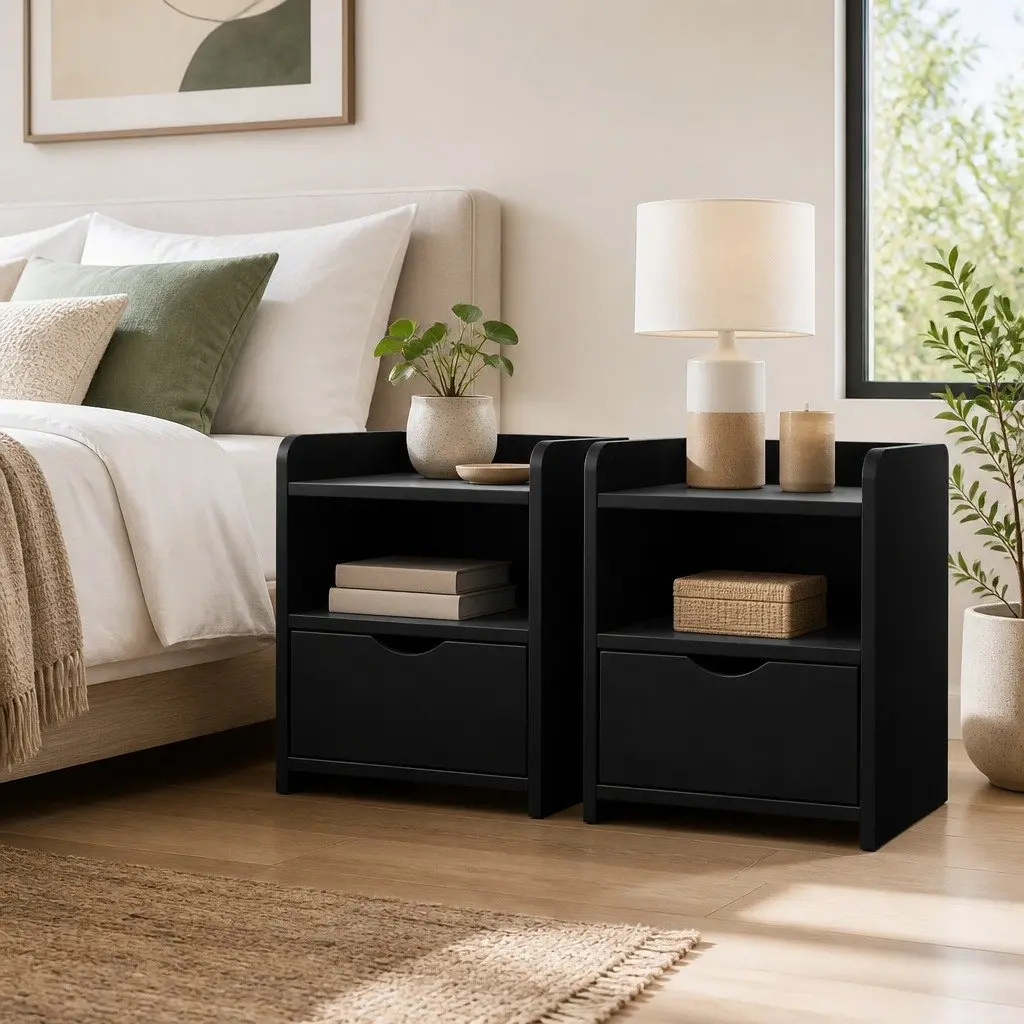Black Nightstand with Drawer and Shelving