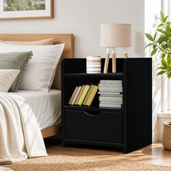 Bedside Table 1 Drawer with Shelf Black Bedroom Nightstand Storage Unit