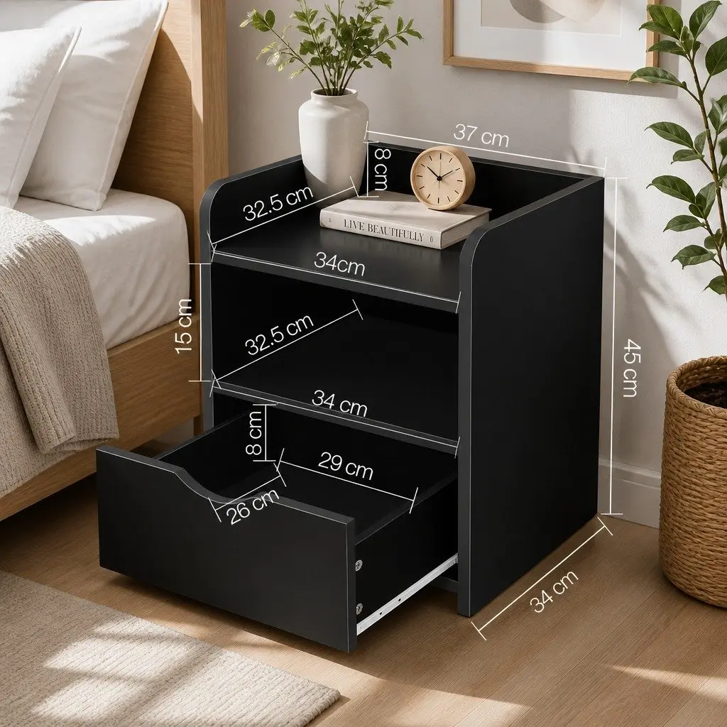 Bedside Table Low Density Fiber Board 37 x 34 x 45cm Black 1 Drawer with Shelf