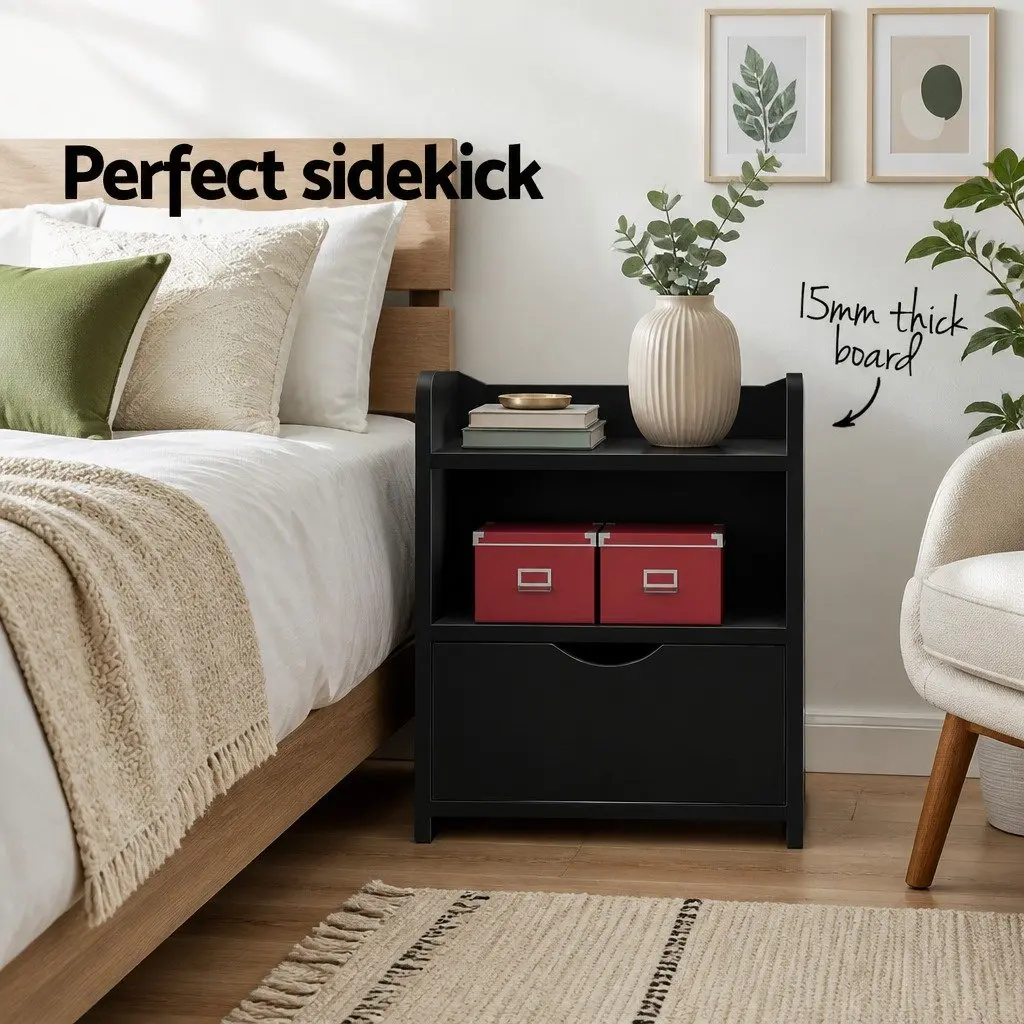 Bedside Table Low Density Fiber Board 37 x 34 x 45cm Black 1 Drawer with Shelf