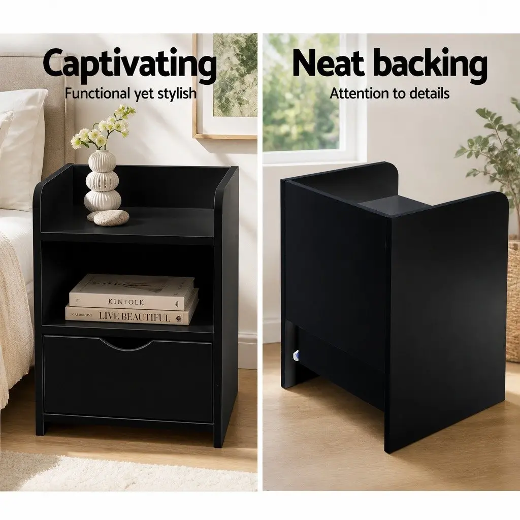 Bedside Table Low Density Fiber Board 37 x 34 x 45cm Black 1 Drawer with Shelf