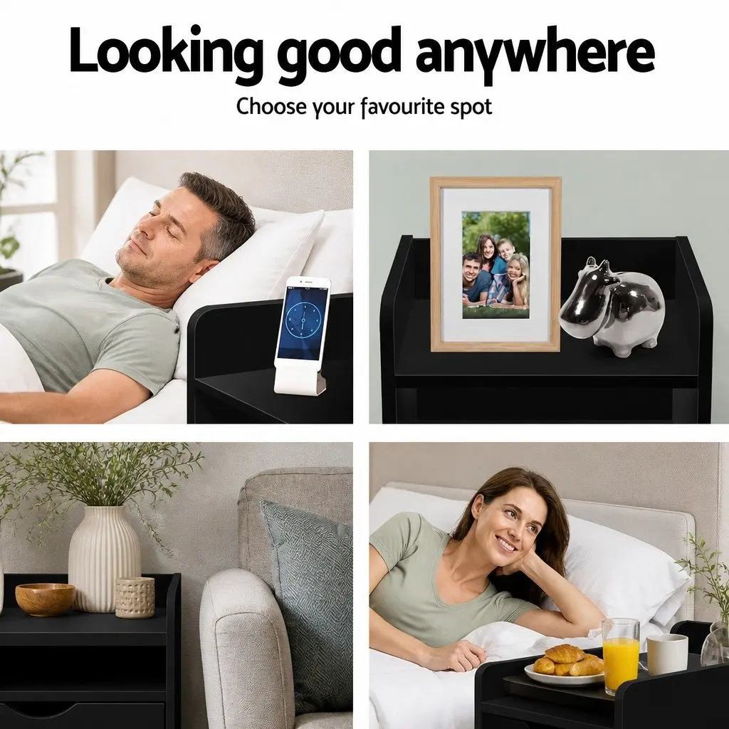 Bedside Table Low Density Fiber Board 37 x 34 x 45cm Black 1 Drawer with Shelf
