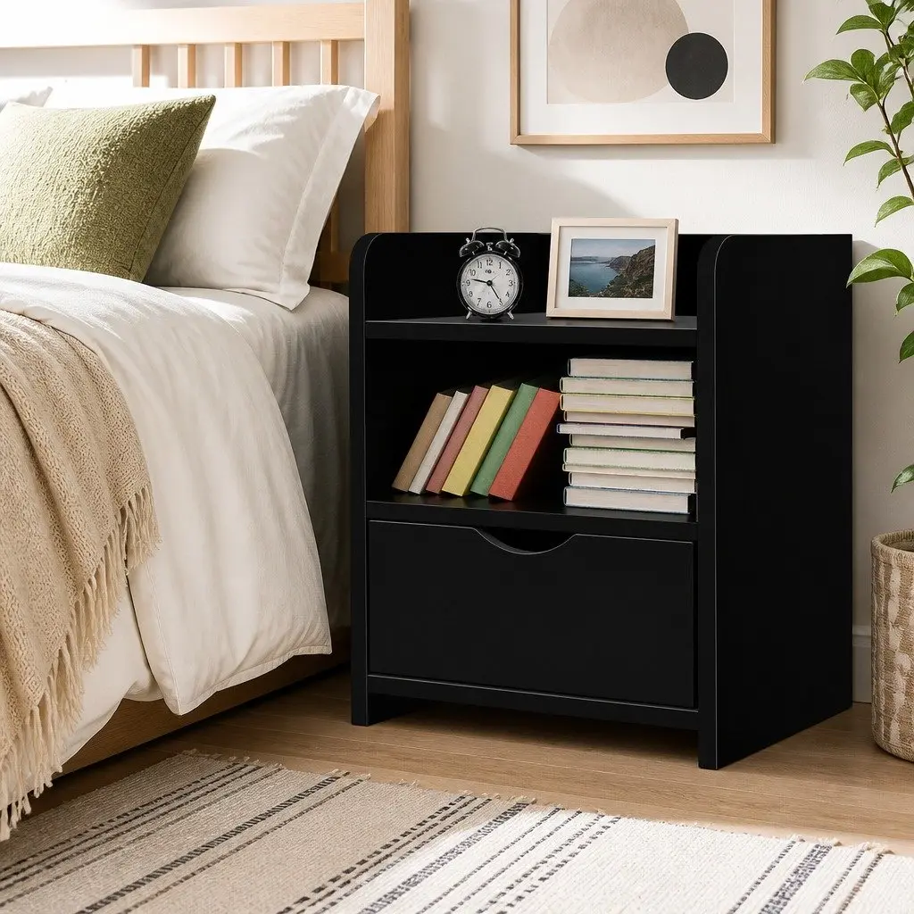 Bedside Table Low Density Fiber Board 37 x 34 x 45cm Black 1 Drawer with Shelf