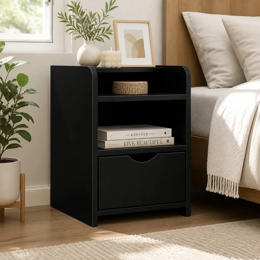 Bedside Table Low Density Fiber Board 37 x 34 x 45cm Black 1 Drawer with Shelf