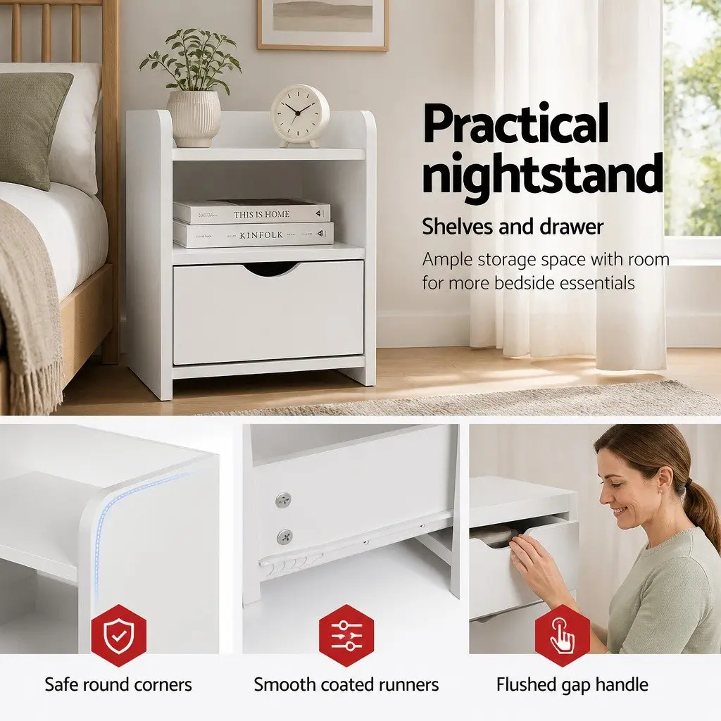 Bedside Table Low Density Fiber Board 37 x 34 x 45cm White 1 Drawer with Shelf