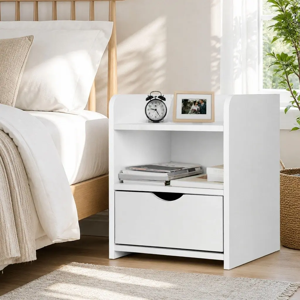 Bedside Table Low Density Fiber Board 37 x 34 x 45cm White 1 Drawer with Shelf
