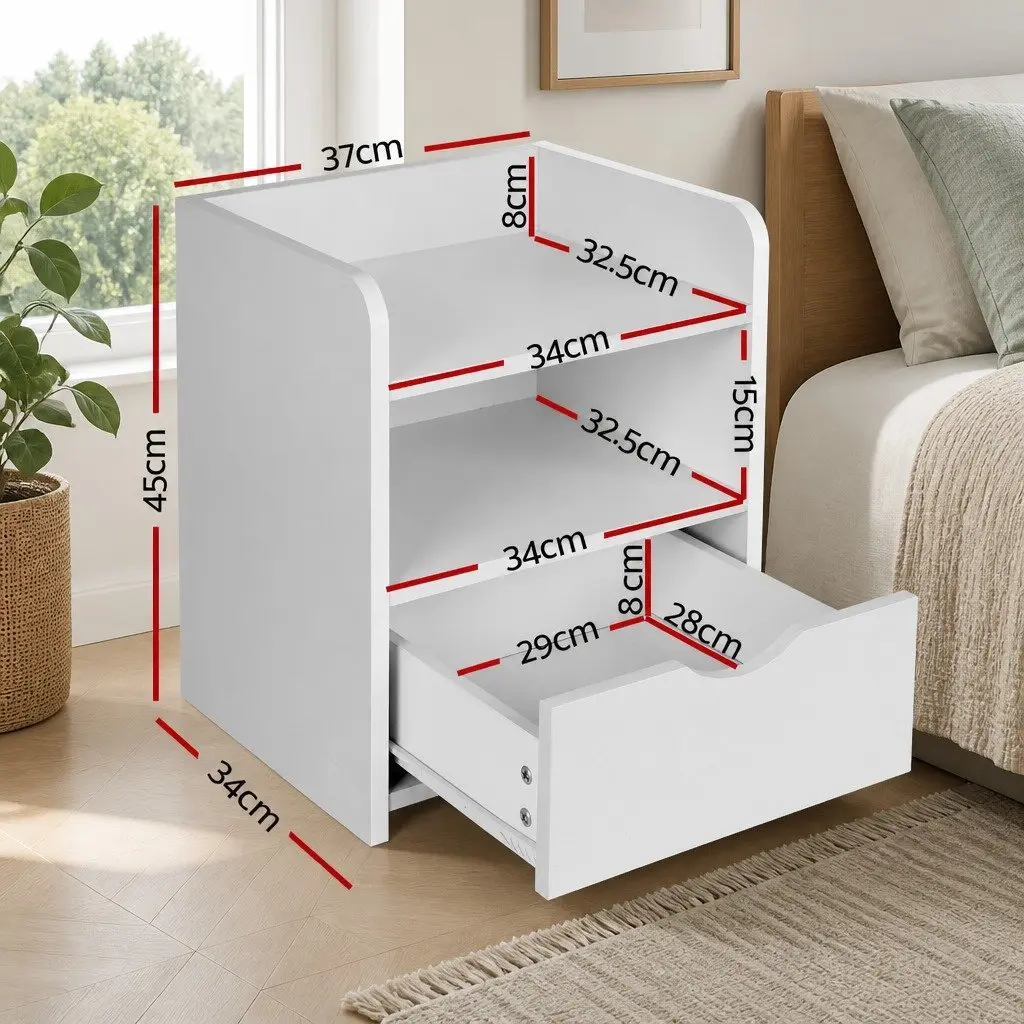 Bedside Table Low Density Fiber 37 x 34 x 45cm White 1 Drawer with Shelf