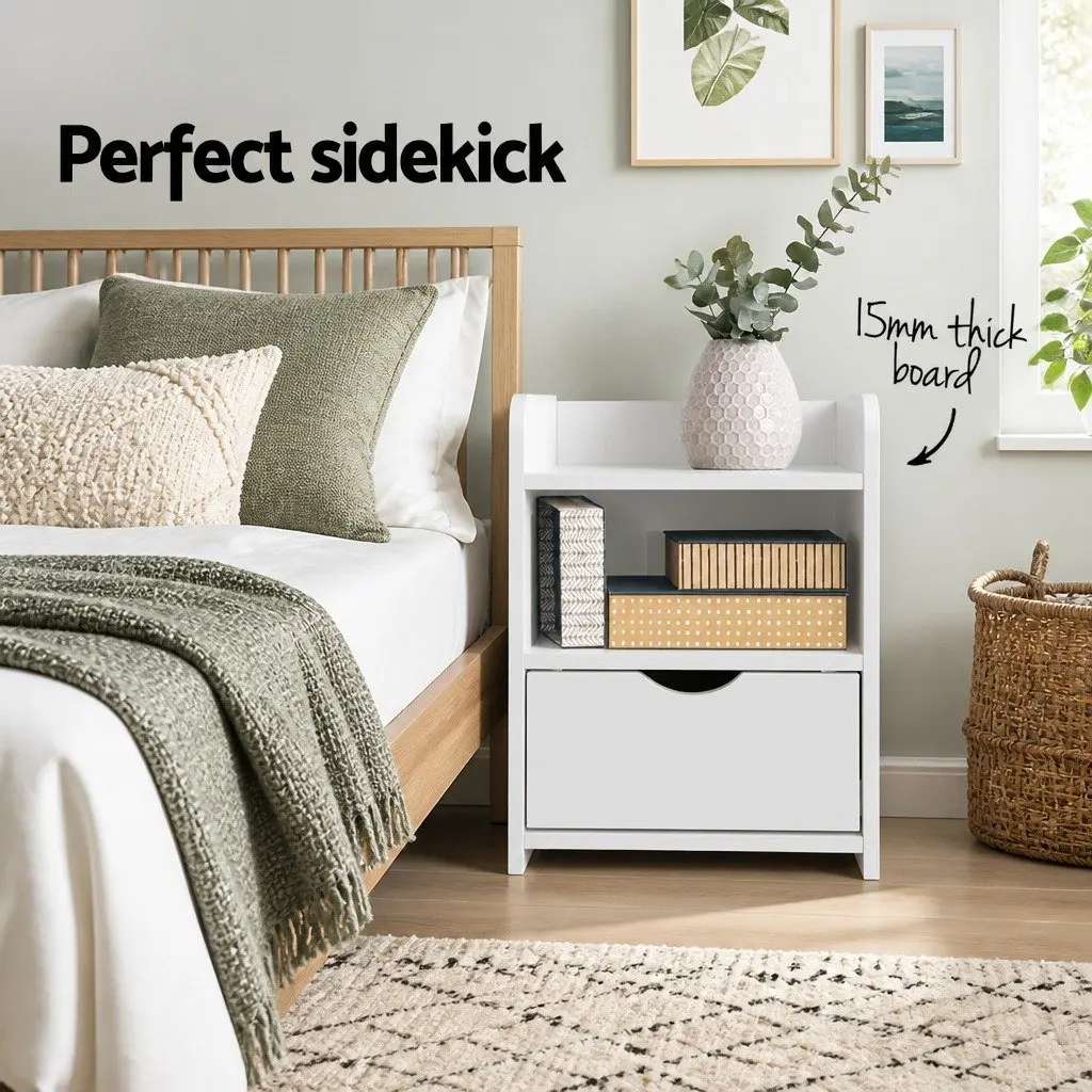 Bedside Table Low Density Fiber 37 x 34 x 45cm White 1 Drawer with Shelf