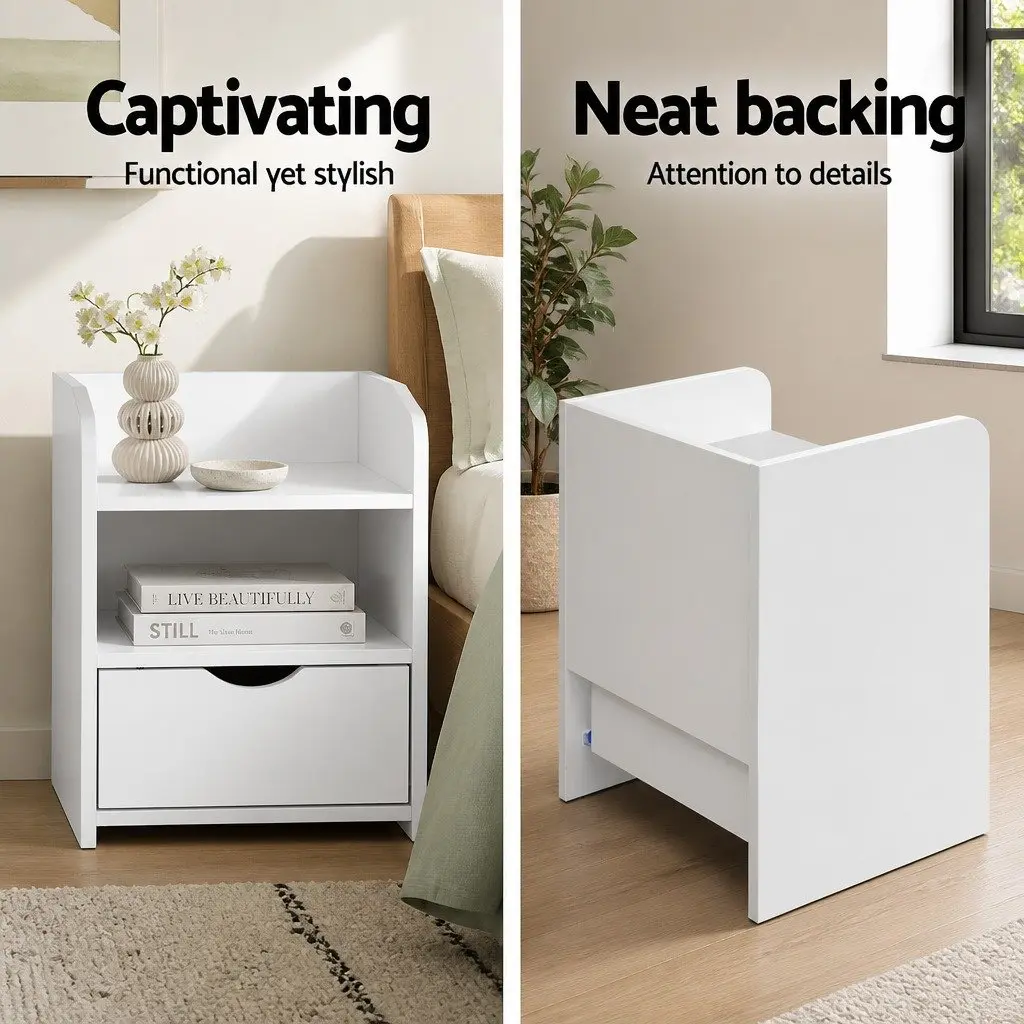 Bedside Table Low Density Fiber 37 x 34 x 45cm White 1 Drawer with Shelf