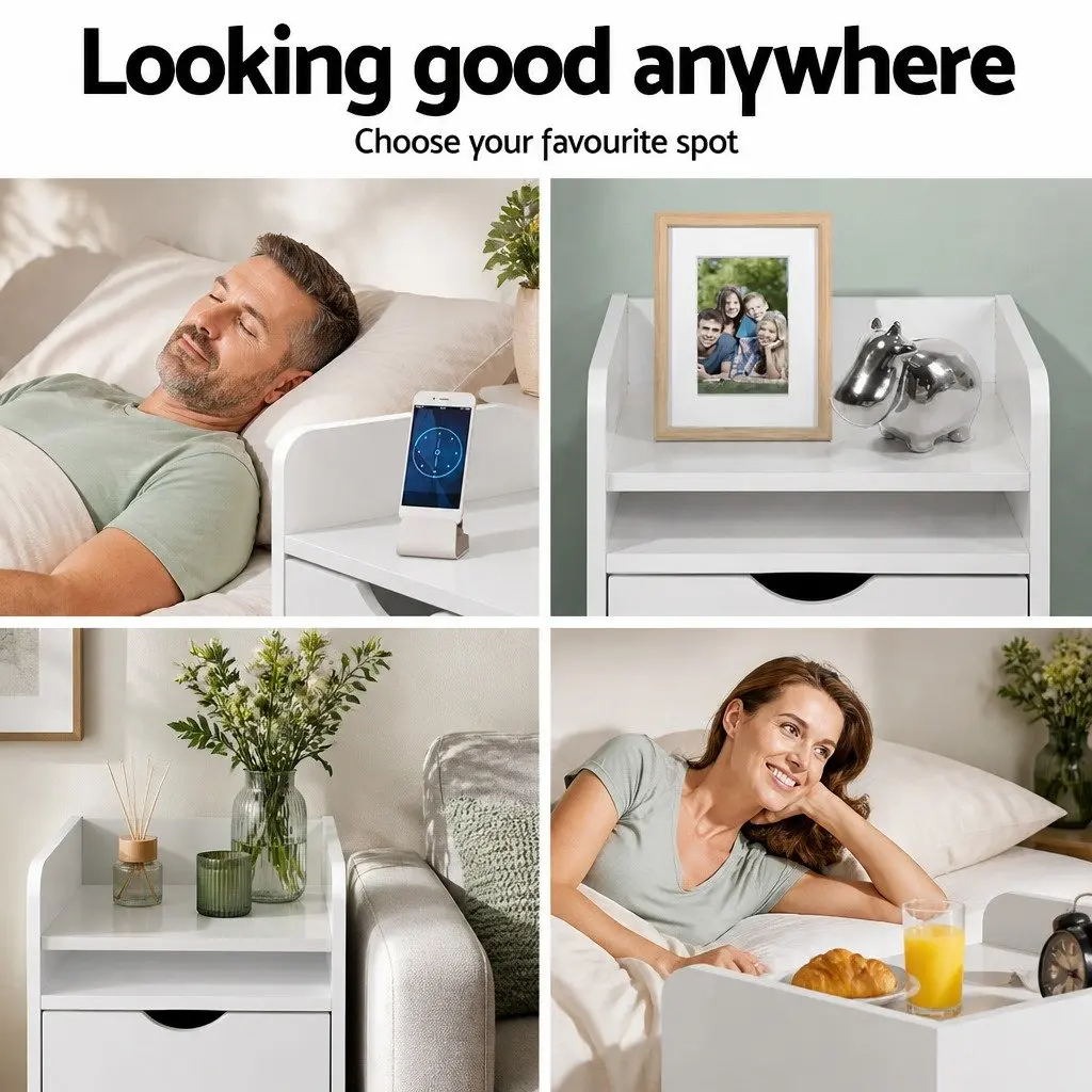 Bedside Table Low Density Fiber 37 x 34 x 45cm White 1 Drawer with Shelf