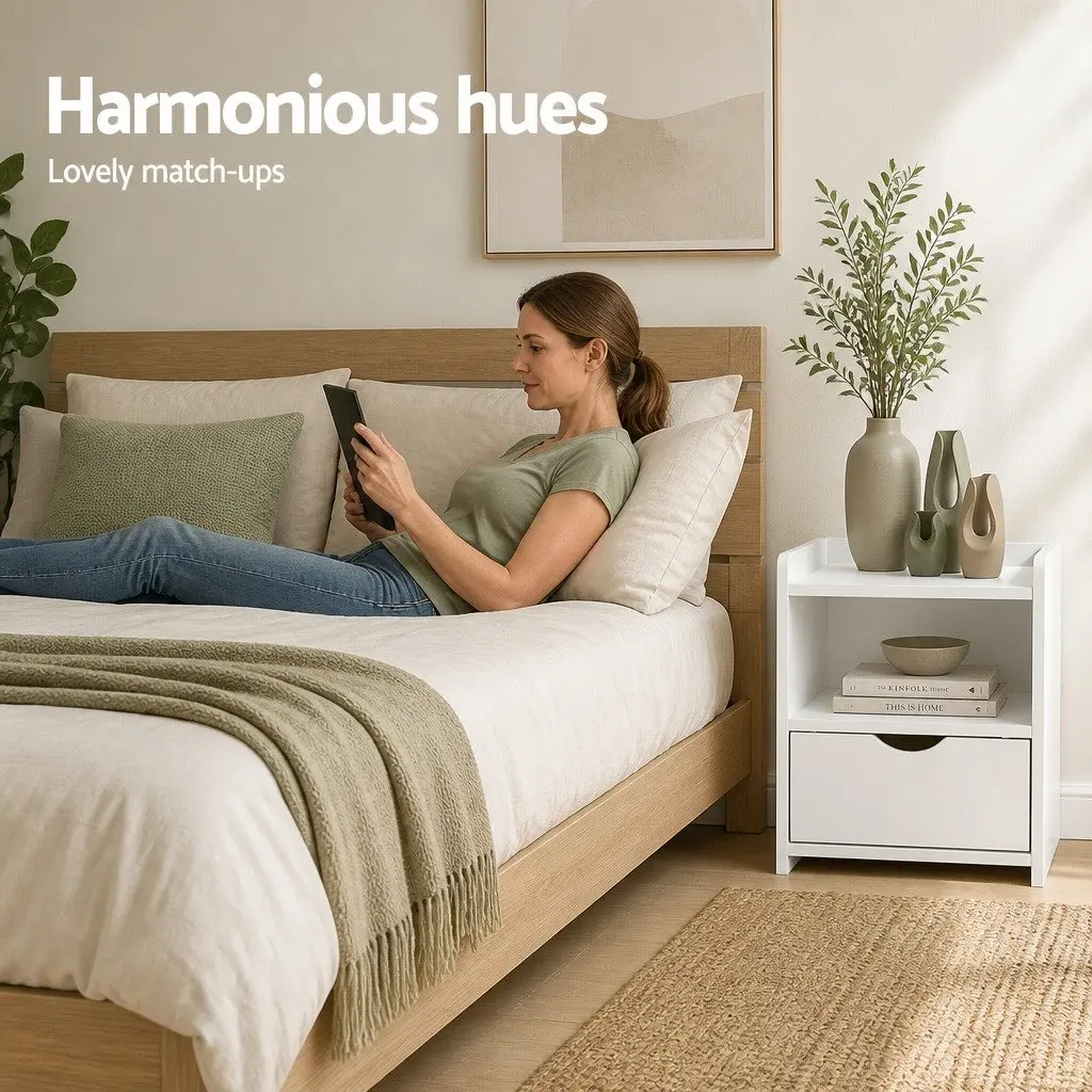 Bedside Table Low Density Fiber 37 x 34 x 45cm White 1 Drawer with Shelf