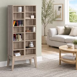 Oak Bookshelf Media Storage Rack 14 Shelves Adjustable Display Cabinet