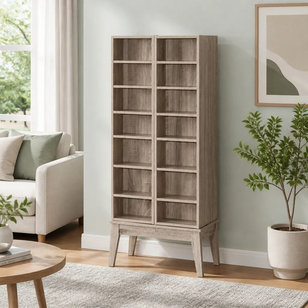 Bookshelf Oak 14 Shelves Adjustable Media Storage Rack Display Cabinet